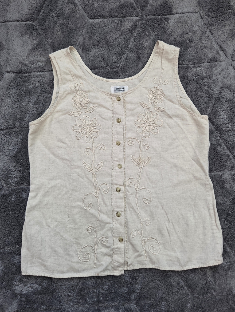 Cream cotton linen button tank top with floral embroidery Cottage Boho Western S